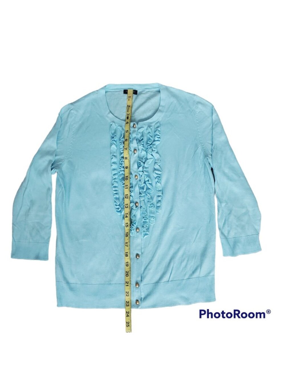 Talbots Women's‎ Ruffle-Front 3/4 Sleeve Cardigan Sweater Light Blue Size Medium - Picture 9 of 10